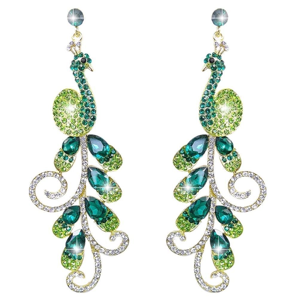 Yellow Gold with Emerald and Peridot Green Austrian Crystal Peacock Earrings